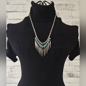 Boho Silver-Tone Spike Fringe Necklace w Turquoise Beads Statement